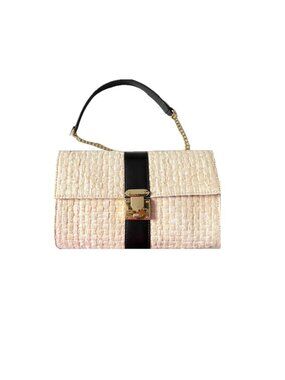 White House Black Market Raffia + Leather Crossbody Clutch Detachable Strap NEW
